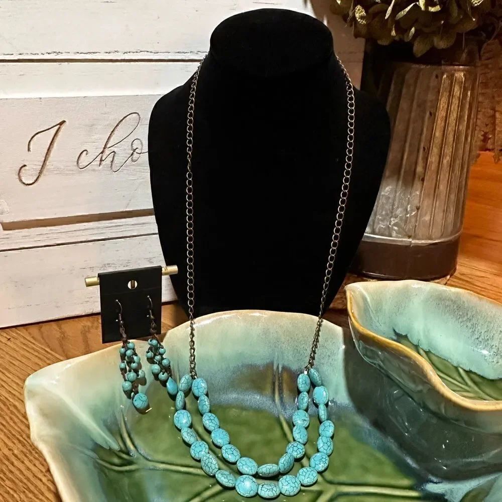 Turquoise Color X-Long Necklace + Earrings